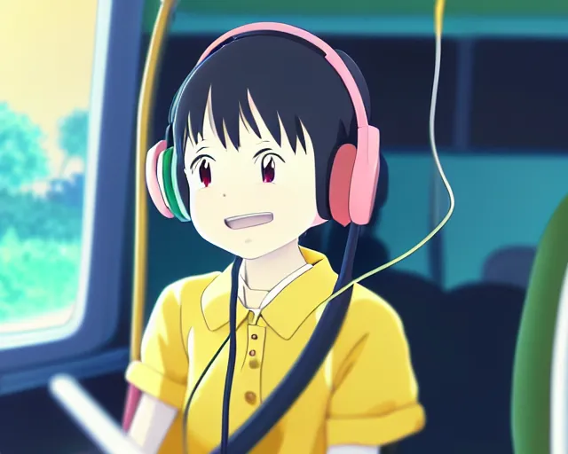 Image similar to anime fine details portrait of joyful girl in headphones in school bus, bokeh. anime masterpiece by Studio Ghibli. 8k render, sharp high quality anime illustration in style of Ghibli, artstation