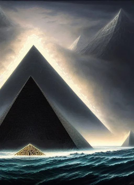 Prompt: a black pyramid emerging from ocean, a scenic dystopian environment, lovecraftian, intricate, elegant, highly detailed, centered, digital painting, artstation, concept art, smooth, sharp focus, illustration, artgerm, tomasz alen kopera, peter mohrbacher, donato giancola, joseph christian leyendecker, wlop, boris vallejo