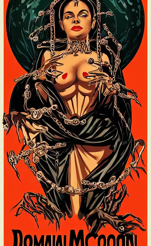 Image similar to 8 k cursed with necronomicon horrorcore cel animation poster depicting dominican woman with sharp nails, intricate faces, metropolis, 1 9 5 0 s movie poster, post - processing, vector art