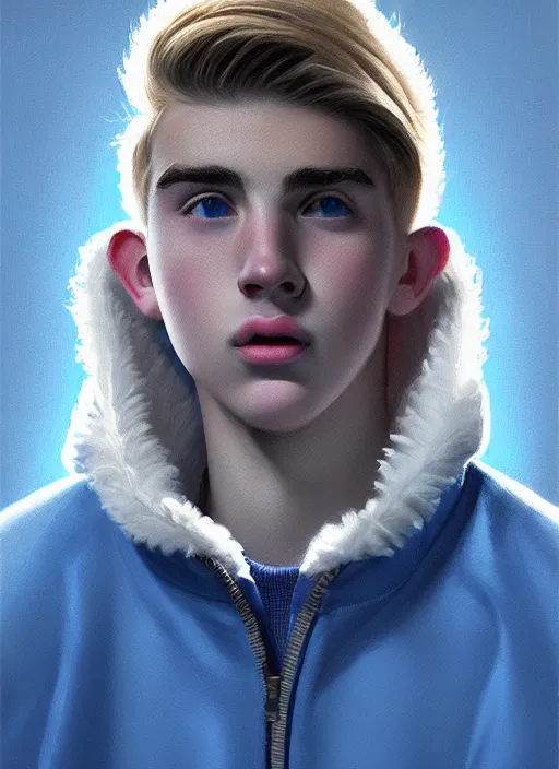 Image similar to portrait of a high school senior boy named moose mason, blonde short hair, jock, beefy, square jaw, square facial structure, 1 9 5 0 s, blue varsity jacket, intricate, elegant, glowing lights, highly detailed, digital painting, artstation, concept art, smooth, sharp focus, illustration, art by wlop, mars ravelo and greg rutkowski