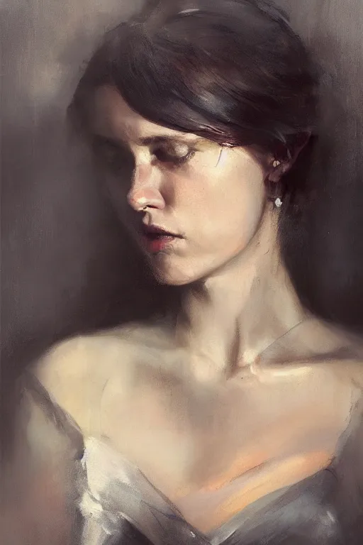 Image similar to detailed cinematic moody colors studio portrait of the memories of a victorian lady with a sensual pose, high quality by jeremy mann, only one head single portrait