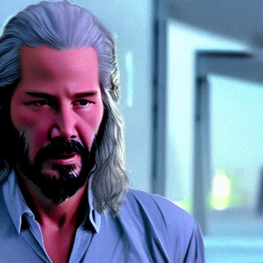 Image similar to beautiful hyperrealism three point perspective film still of Keanu Reeves as Gandalf the grey in car chase scene in Miami Vice(2006) extreme closeup portrait in style of 1990s frontiers in translucent porclein miniature street photography seinen manga fashion edition, miniature porcelain model, focus on face, eye contact, tilt shift style scene background, soft lighting, Kodak Portra 400, cinematic style, telephoto by Emmanuel Lubezki