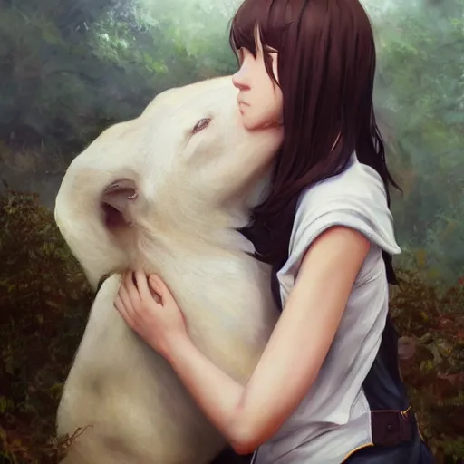 Prompt: a person hugging a large white animal, a detailed painting by krenz cushart, pixiv contest winner, fantasy art, official art, detailed painting, pixiv. highly detailed. 4 k masterpiece. photo realistic. realism. photorealism wideshot