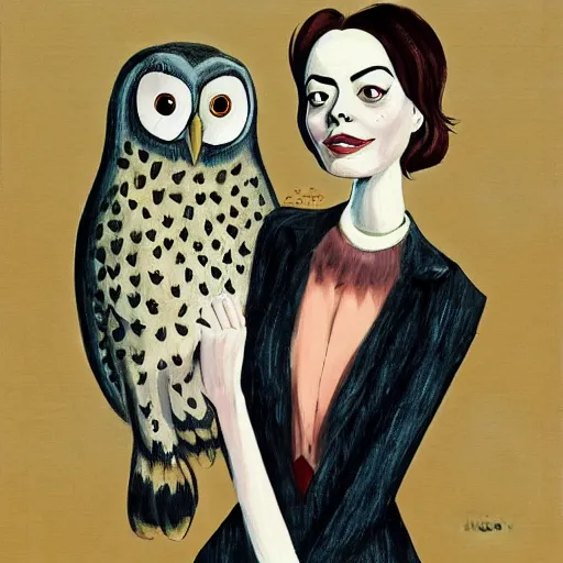 Prompt: emma stone with an owl, artwork by charles addams,