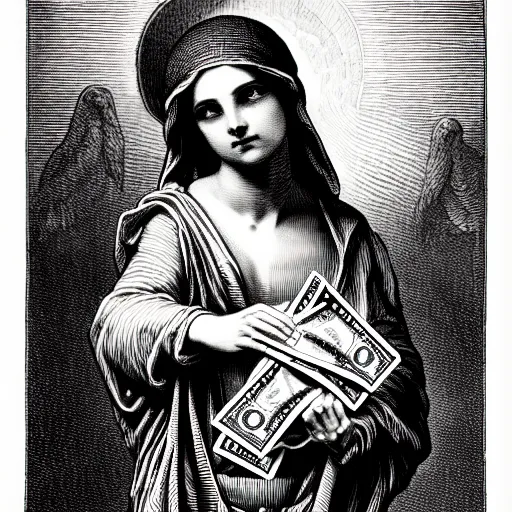 Image similar to lil baby holding stacks of cash, biblical image, style of gustave dore, highly detailed, beautiful, high contrast, black and white