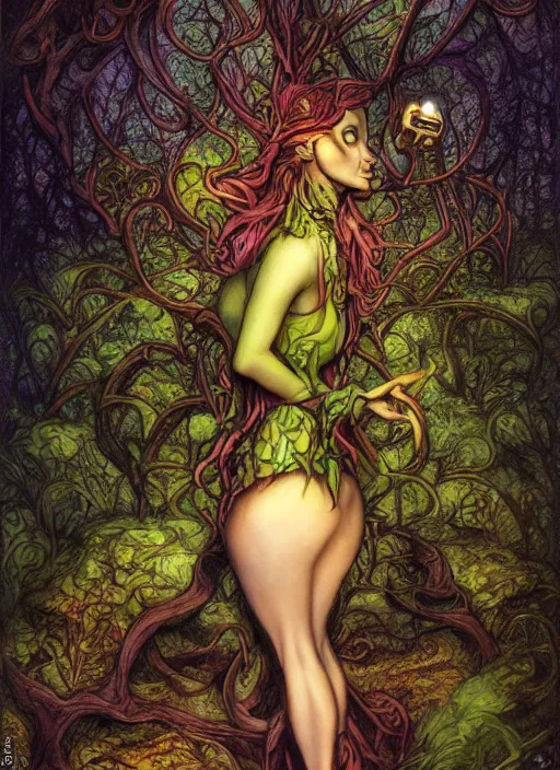 Image similar to junoesque curvaceous fey queen, vine dress, glowing forest, strong line, eerie color, beautiful! coherent! by brian froud, by mariusz lewandowski