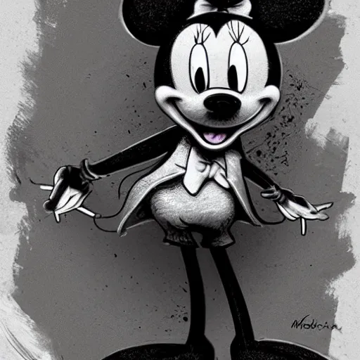 Image similar to michael karcz grunge drawing of mickey mouse. , in the style of corpse bride, loony toons style, horror themed, detailed, elegant, intricate, trending on artstation, 4k