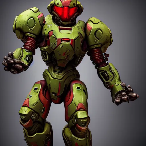 Prompt: doom slayer in power armor combined with samus, photography