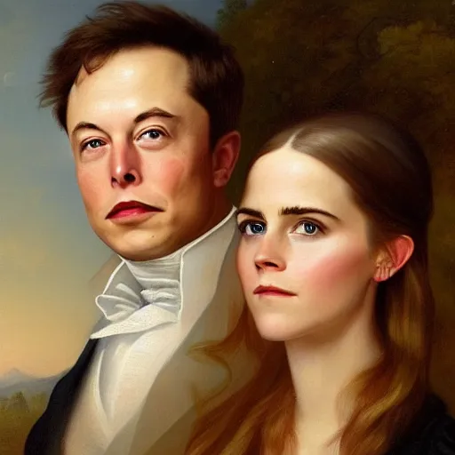 Image similar to elon musk ( left ) and emma watson in an 1 8 5 5 painting by elisabeth jerichau - baumann. painting, oil on canvas