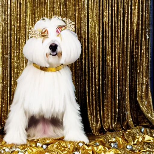 Prompt: a cream - colored havanese dog wearing a slinky metallic dress with ornate midcentury geometric gold headpiece, resting against a small marble pedestal with flowers loosely arranged, sultry look, gold curtain background, magazine photo by david lachapelle