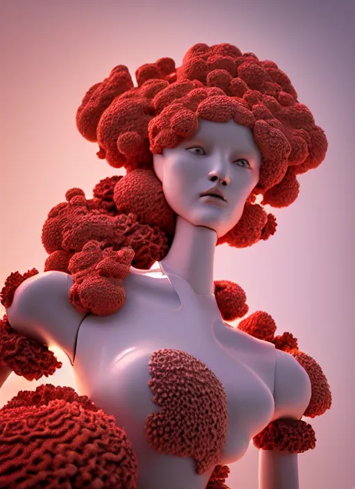 Prompt: biomechanical mannequin carrying perfume enchanted coral kingdom made of corals, daisies, roses in an ivory room well contoured smooth fair walls, up close shot, sharp focus, global illumination, radiant light, alexandre ferra white mecha, irakli nadar, octane highly render, 4 k, ultra hd,