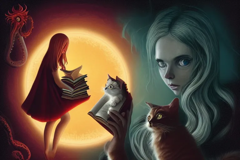 Image similar to romantic photo of bright girl, her cat and her book of necronomicon, symmetrical, cinematic, real dlsr photography, sharp focus, 4 k, ultra hd, sense of awe, sinister demonic atmosphere, dreadful, forbidden knowledge, old gods, cthulhu, yog - sothoth! yah, yah, yah! cultist journal cover