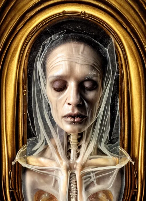 Image similar to la pieta ultrarealistic ultradetailed medium shot painting of slimy catholic veiled transparent maiden with transparent skin, skeleton still life, neural net, steampunk internal organs, greg rutkowski, peter gric, immerse, 1 9 th, special effects makeup, maximalist, glittering, gold, ivory, hyperreal, golden ratio, alphonse mucha, bride of frankenstein