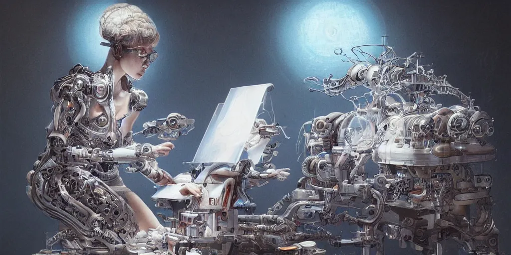 Prompt: hyperrealistic photography of a gorgeous cyborg scientist constructing a poetry machine in the style of Jin Kagetsu, James Jean and wlop, highly detailed, masterpiece, award-winning, sharp focus, intricate concept art, ambient lighting, 8k, artstation