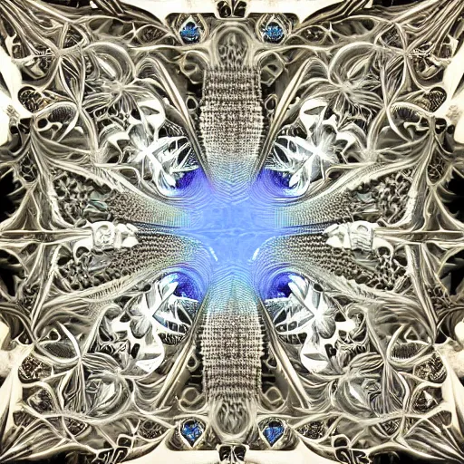 Image similar to a beautiful 3 d painting of a sprawling intricate mandelbrot fractal cathedral populated by fractals by android jones, carved soap, white color scheme, unreal engine, volumetric lighting, dynamic lighting, dramatic lighting, high contrast, depth of field, carved marble, opalescent, sacred geometry, religious, angelic, catholicpunk, stark, trending on artstation