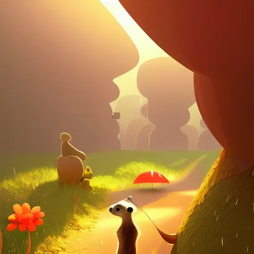 Image similar to goro fujita ilustration a beautiful meerkat!!!! walking calmly through a rain forest with the first rays of sun by goro fujita, painting by goro fujita, sharp focus, highly detailed, artstation