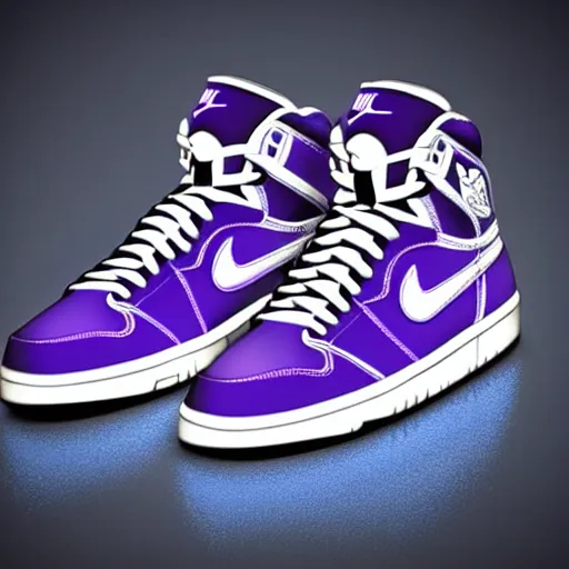 Prompt: nike air jordans, high tops, plain purple background, 3 d, render, realistic
