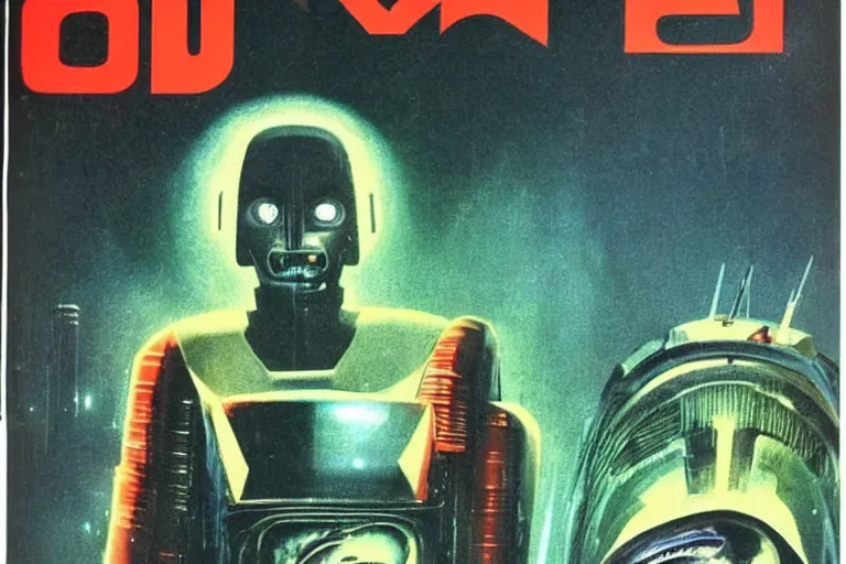 Prompt: 1979 OMNI Magazine Cover depicting a creepy angry imposing Android. Cyberpunk Akira style by Vincent Di Fate