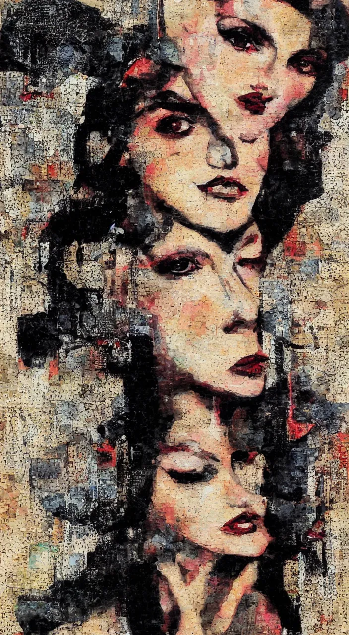 Prompt: seductive icon of femme fatale detailed and highly reliefed analogue mixed media collage with canvas texture in style of conteporary art, punk art, photorealistic, expressionism, masterpiece, perfect composition, spectacular quality, intricate oil details