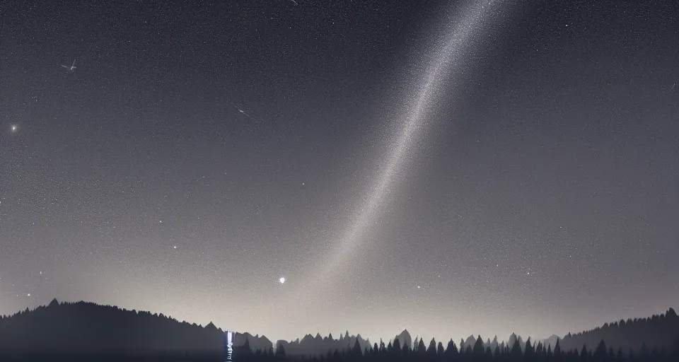 Prompt: the andromeda galaxy arccing across the sky, reflecting in a lake at night, ultra detailed, trending on artstation, octane render