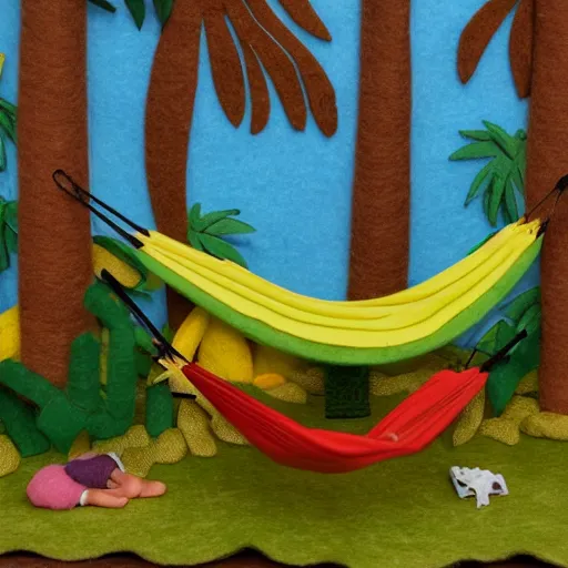 Image similar to detailed felt diorama of people sleeping in hammocks that look like bananas, jungle background with lots of palm trees