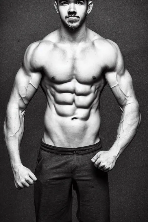 Prompt: 📷 Sean McLoughlin, jacksepticeye, irish youtuber, is a jacked muscle builder gigachad, grayscale photography