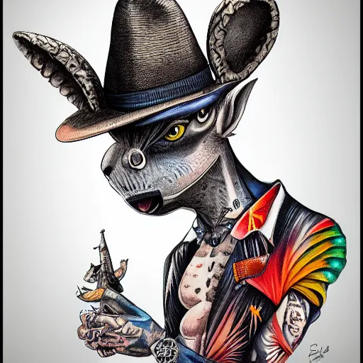 Image similar to a dik dik monster with tattoos, wearing a fedora, tattoos, colorful, digital art, fantasy, magic, trending on artstation, ultra detailed, professional illustration by basil gogos