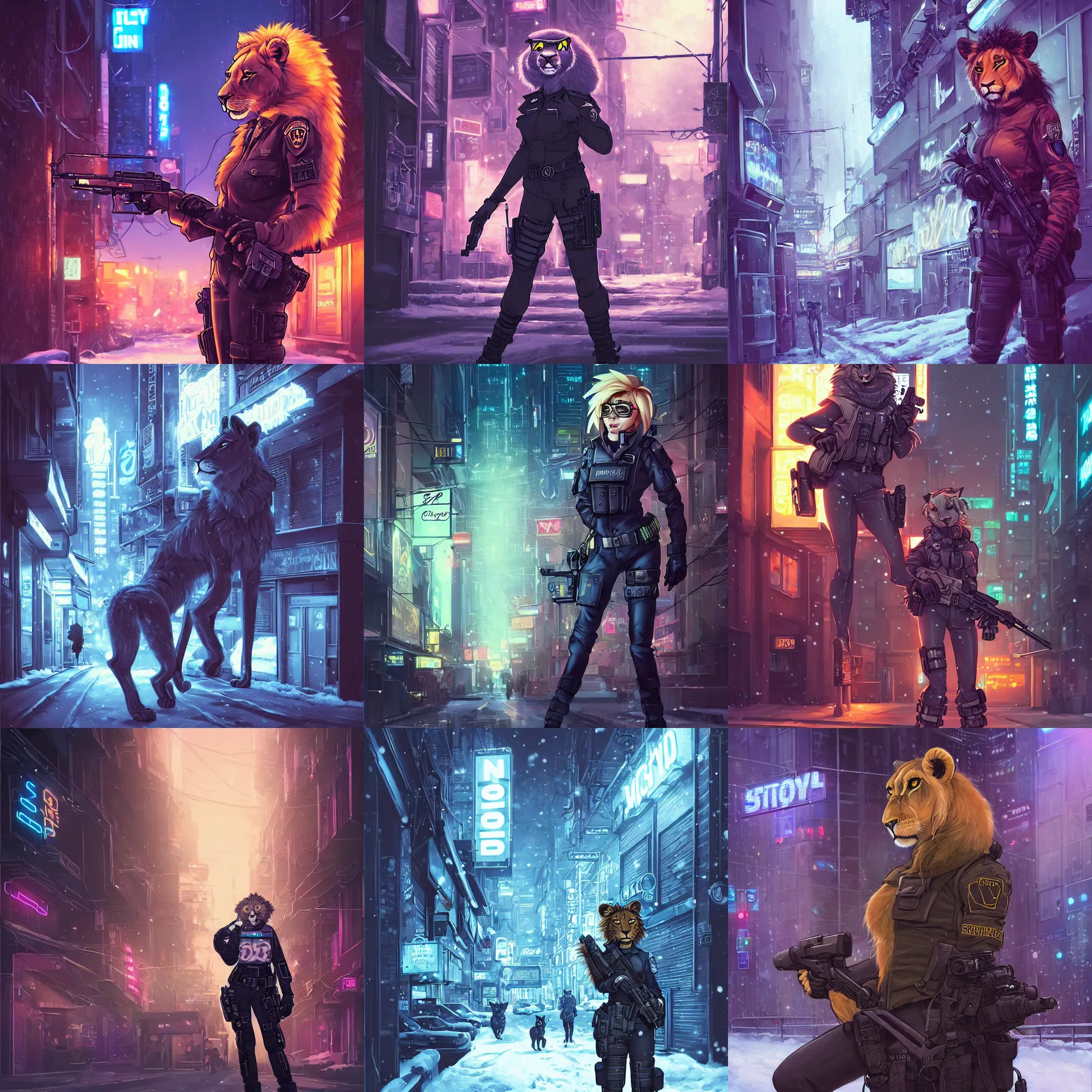 Prompt: beautiful furry art portrait commission of a female furry anthro lioness fursona wearing a tactical swat uniform in the streets of a cyberpunk city at night in the snow. neon signs. character design by charlie bowater, ross tran, artgerm, and makoto shinkai, detailed, inked, western comic book art