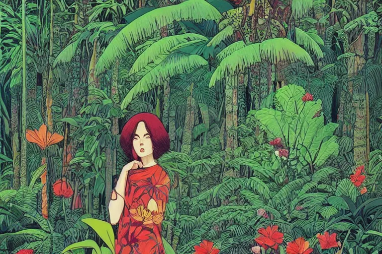 Prompt: woman, dense jungle, trees, huge flowers, risograph!, omnious, dark, oldschool vintage sci - fi flat surreal design, super - detailed, painting by moebius and satoshi kon and jodorowski and katsuhiro otomo and kim jung gi, hd, 4 k, high quality