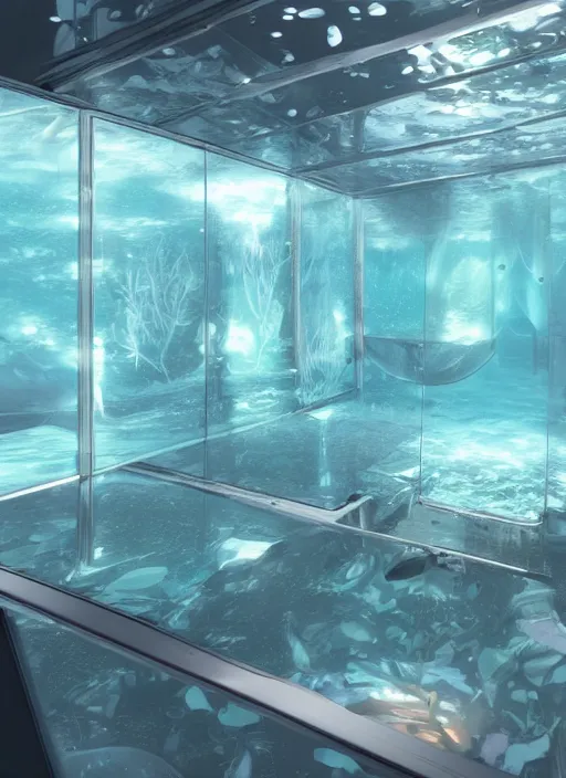 Image similar to a futuristic sci - fi underwater chamber with mirrored walls