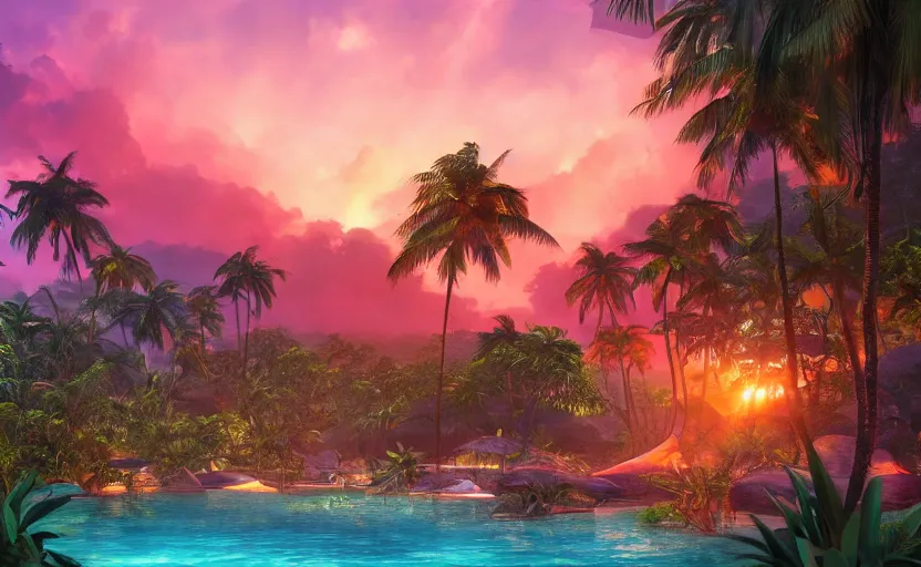 Image similar to a tropical resort in a jungle paradise, with a beautiful red and blue sunset, dynamic lighting, photorealistic fantasy concept art, trending on art station, stunning visuals, creative, cinematic, ultra detailed, ray tracing, sun rays, native tribes, wonderous waters, amazing detail