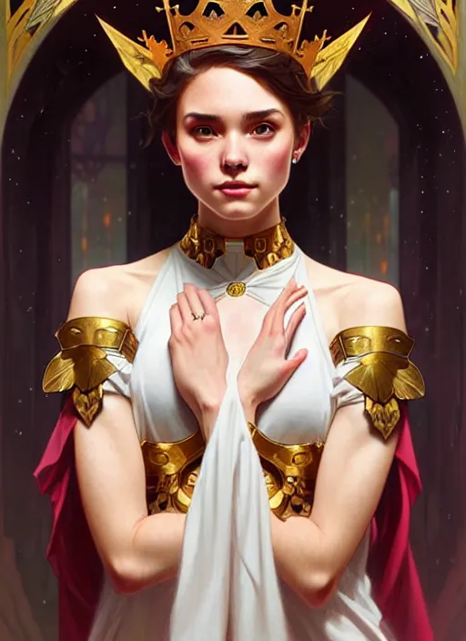 Prompt: hannah owo as queen, incredibly detailed face, pretty face, light dress, true anatomy, art by artgerm and greg rutkowski and alphonse mucha