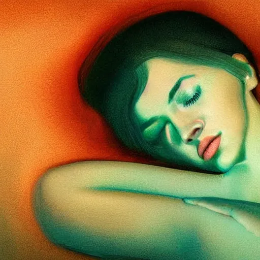 Image similar to This digital art is a beautiful example of use of color and light. The digital art depicts a woman reclining on a couch, with her head turned to the side and her eyes closed. The woman's body is bathed in a light, and her skin appears to glow. The artist has used a soft, delicate palette to create a sense of tranquility and serenity. The digital art is elegant and graceful, and the woman's face is incredibly expressive. It is a truly beautiful digital art. pastel by Ryan Stegman realist, colorful