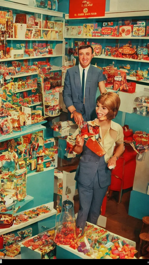 Image similar to 6 0 s photo of a business man in a candy shop on a remote island, kodachrome