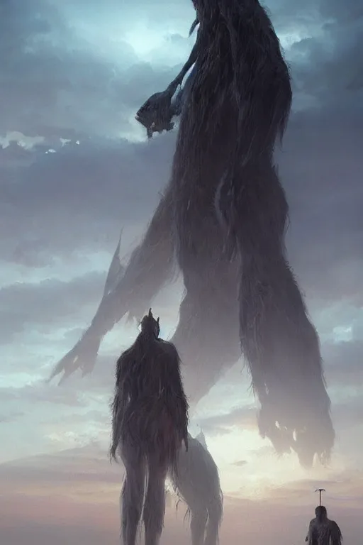 Prompt: a tall looming humanoid beast towers over a tiny human. at dawn, ethereal fantasy art by greg rutkowski