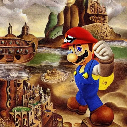 Prompt: Super Mario in an intricate painting by Salvador Dali