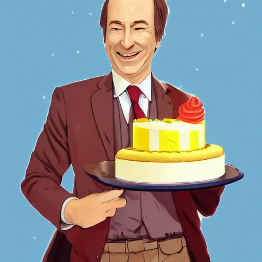 Prompt: bob odenkirk, smiling, holding a birthday cake, anime art, trending on artstation