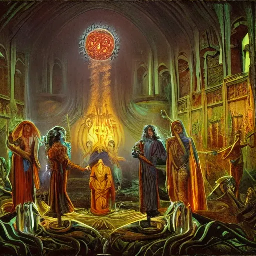 Image similar to Miltonian disasterpiece cult rain mesmerizing inner sanctum of the most venerable and beautiful truth, in the style of Jeff Easley, Grant Wood, Ken Kelly, Élisabeth Vigée Le Brun, dramatic lighting, establishing shot, detailed and realistic faces, 8k resolution – W 1024