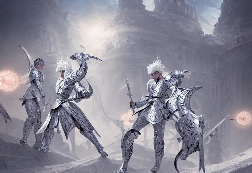 Prompt: white hair knights of zodiac gir, matt white ice color armor, are combat fighting each other with magical sci - fi weapon in ruined agora of athens sunrise, intricate and elegant, highly detailed, digital painting, artstation, concept art, smooth and sharp focus, illustration, art by tian zi and wlop and alphonse mucha