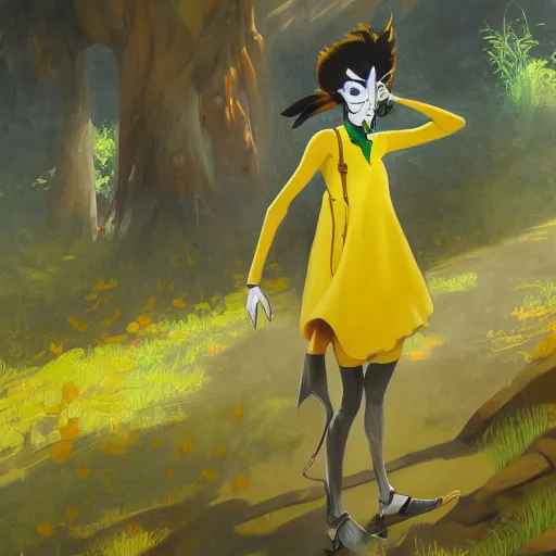 Image similar to concept art painting of an anthropomorphic salvador dali wearing yellow dress, in the deep forest, realistic, detailed, cel shaded, in the style of makoto shinkai and greg rutkowski and james gurney