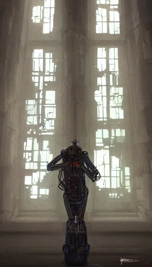 Image similar to portrait of broken humanoid metal robot praying in empty church, sunshine through window, bladerunner, cold color scheme, digital illustration, artstation, cinematic composition