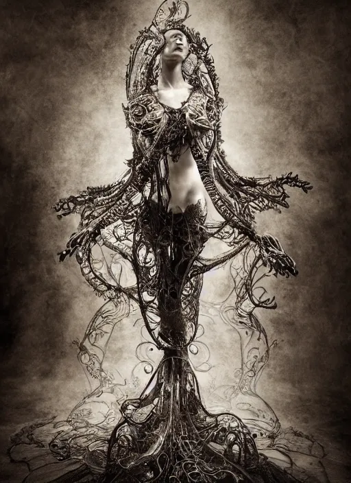 Image similar to a portrait of a female by stefan geselle and nekro borja, photorealistic, intricate details, hyper realistic, fantasy, elegant, baroque, ornate, photorealistic, canon r 3, photography, wide shot, symmetrical features, symmetrical pose, wide angle shot, head to toe, standing pose, feet on the ground, wearable art