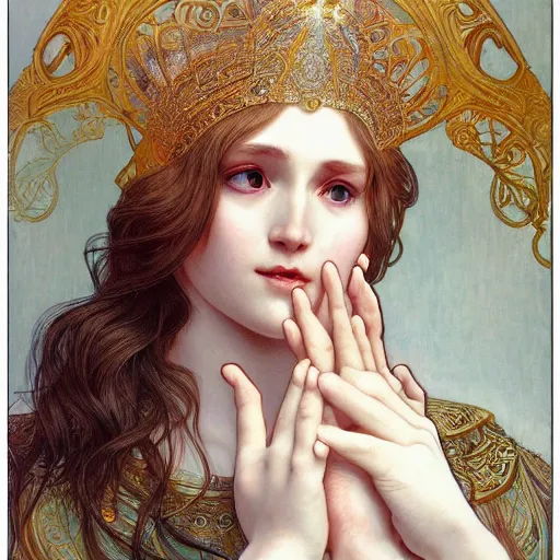 Image similar to goddess, white hair, long hair, praying, folding hands, artstation, highly detailed, georgeus, light background, by artgerm and alphonse mucha and gaston mussiere