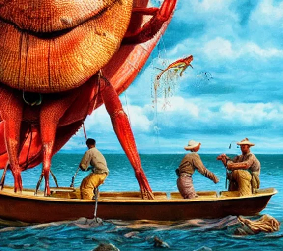 Image similar to Tom hanks as forrest fishing for shrimp in a giant shrimp boat, majestic beautiful world, surrealism painting, amazing detail