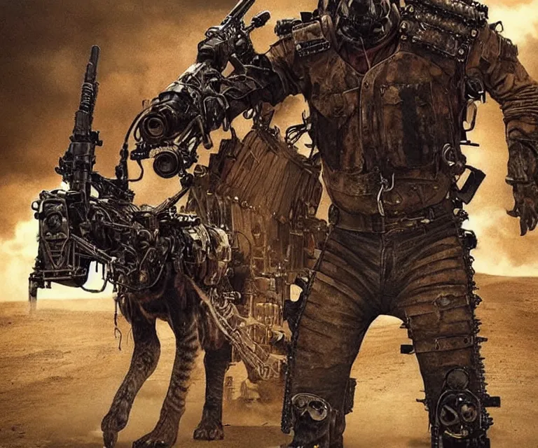 Image similar to a good ol'bloodhound dog fursona ( from the furry fandom ), heavily armed and armored facing down armageddon in a dark and gritty version from the makers of mad max : fury road. witness me.