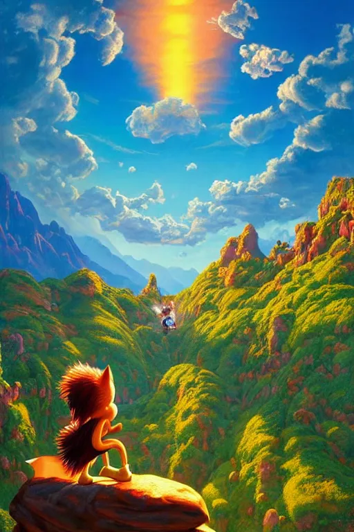 Prompt: fantasy portrait of sonic the hedgehog, natural light, lush plants flowers, spectacular mountains, bright clouds, luminous sky, outer worlds, golden hour, michael cheval, edward hopper, michael whelan, oil painting, hd