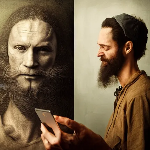 Image similar to realistic photo portrait of a man using an ipad, looking like leonardo da vinci, volumetric lights, trending on artstation, studio photo, intricate details, highly detailed