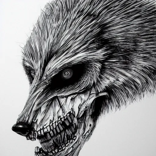 Image similar to black and white, bio mechanical, see through, 3 d, hyper realistic, detailed, hyper realism, skull of wolf