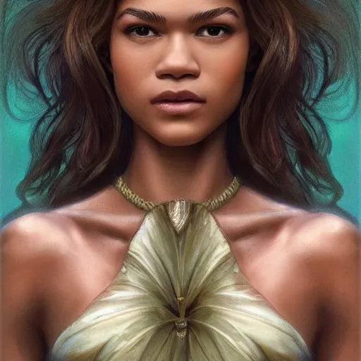 Image similar to zendaya Perfectly-centered body portrait-photograph of a real life god from heaven, lifelike, super highly detailed, professional digital painting, artstation, concept art, Unreal Engine 5, Photorealism, HD quality, 8k resolution, cinema 4d, 3D, beautiful, cinematic, art by artgerm and greg rutkowski and alphonse mucha and loish and WLOP