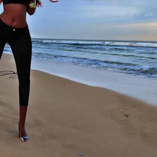 Image similar to megan thee stallion in beach setting, full body